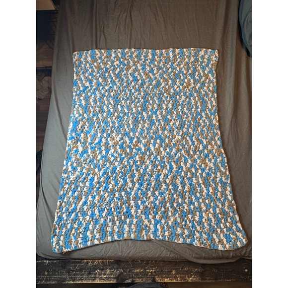Other - Handmade Crochet Baby Blanket Blue White Brown Soft Cozy Warm Toddler Throw